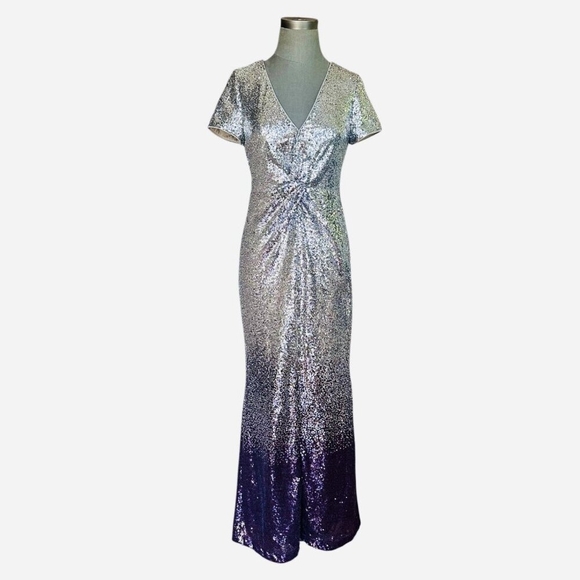 Calvin Klein Sequined Ombre Maxi Dress Silver Purple V-Neck Ball Gown Size 8 - Picture 2 of 8